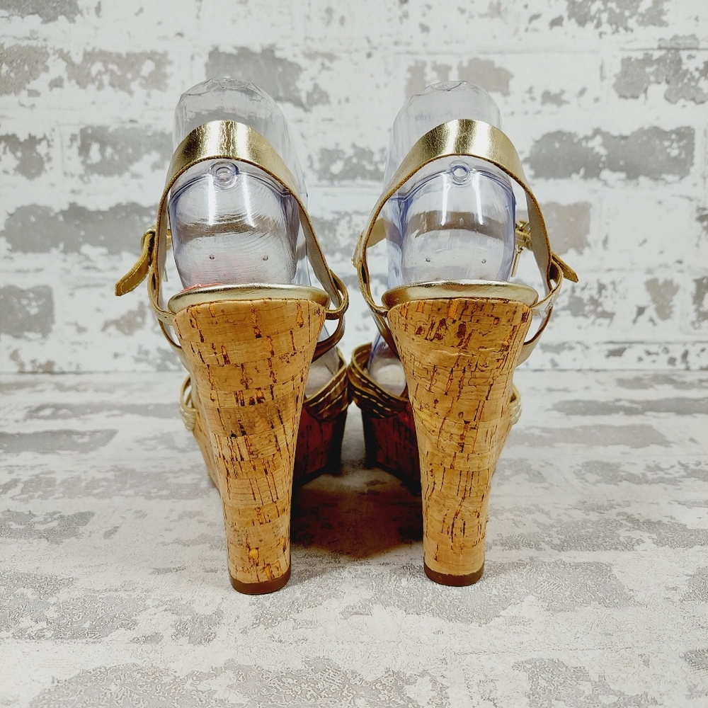 New Guess Project Gold Platform Cork Wedge Sandals B457 - Picture 6 of 13